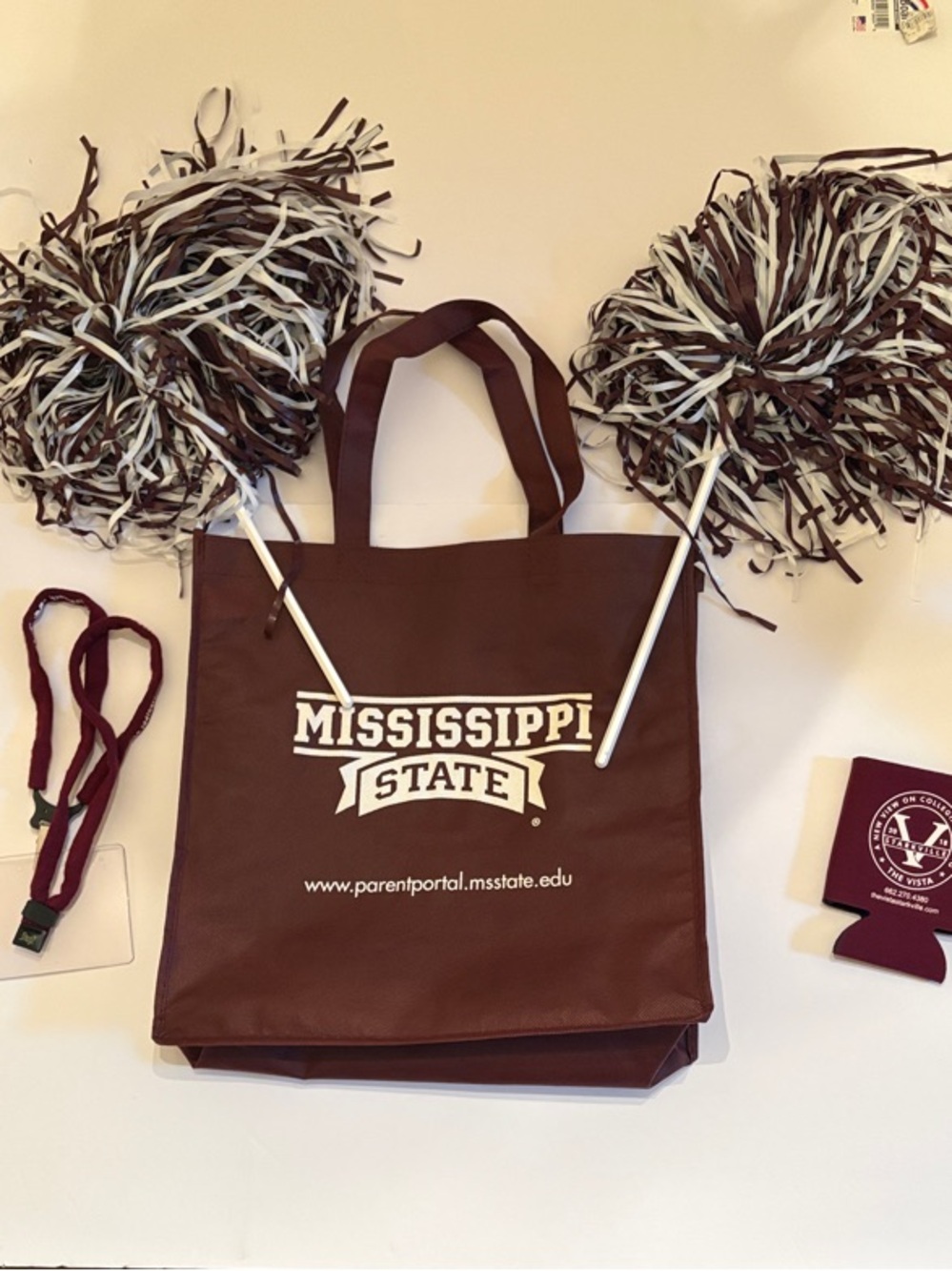 Fan-gear Bundle Mississippi State Maroon Tote Bag Pom Poms, Lanyard